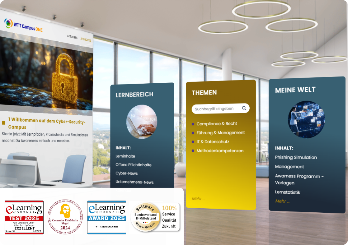 Cyber Security Campus von WTT CampusONE – digitale Lernplattform für Informationssicherheit. Abgebildet ist ein Campus mit verschiedenen Lernangeboten, die Informationssicherheitsbeauftragten helfen, ihre Belegschaft effizient zu schulen.